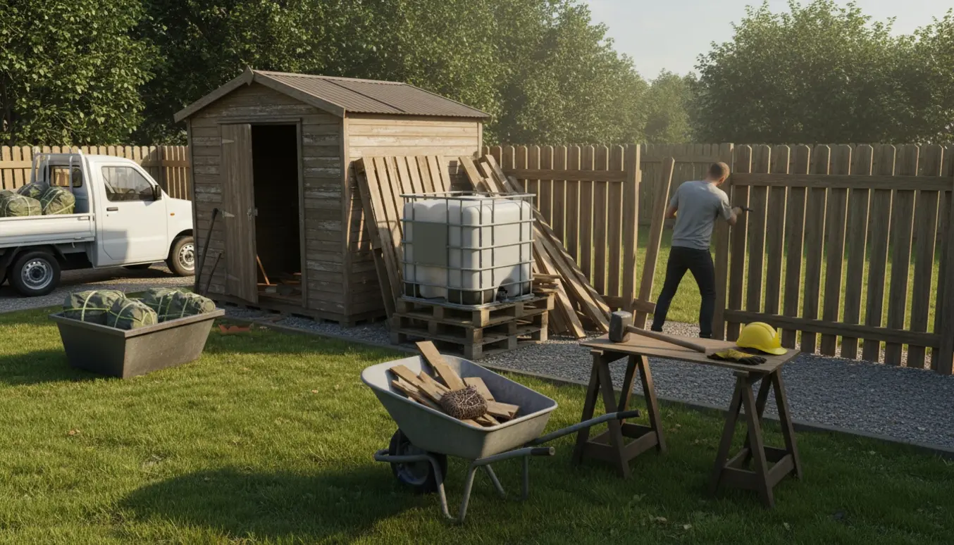 Delvist nedrevet lille skur og et tre meter hegn i en parcelhushave med værktøj, skrot og en 1 m³ vandbeholder klar til bortskaffelse.