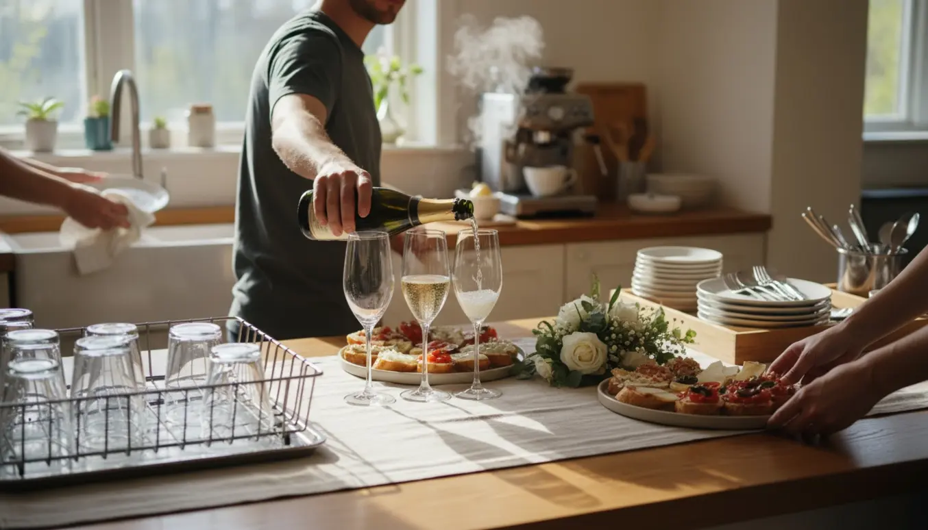 Hænder dækker velkomstdrinks og buffet frem i et lyst køkken til en navngivningsfest.