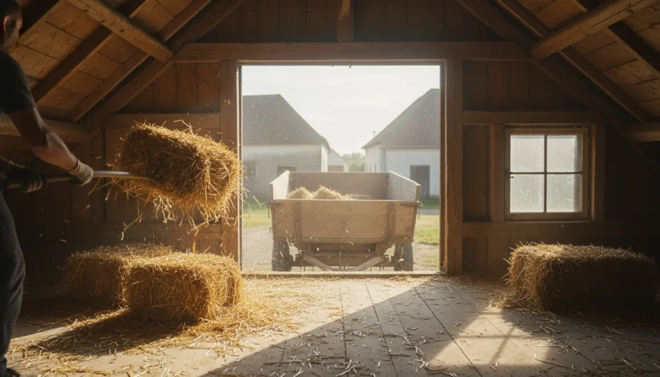 Hænder kaster halm gennem en åben loftsluge og ned i en trævogn ved en lade.