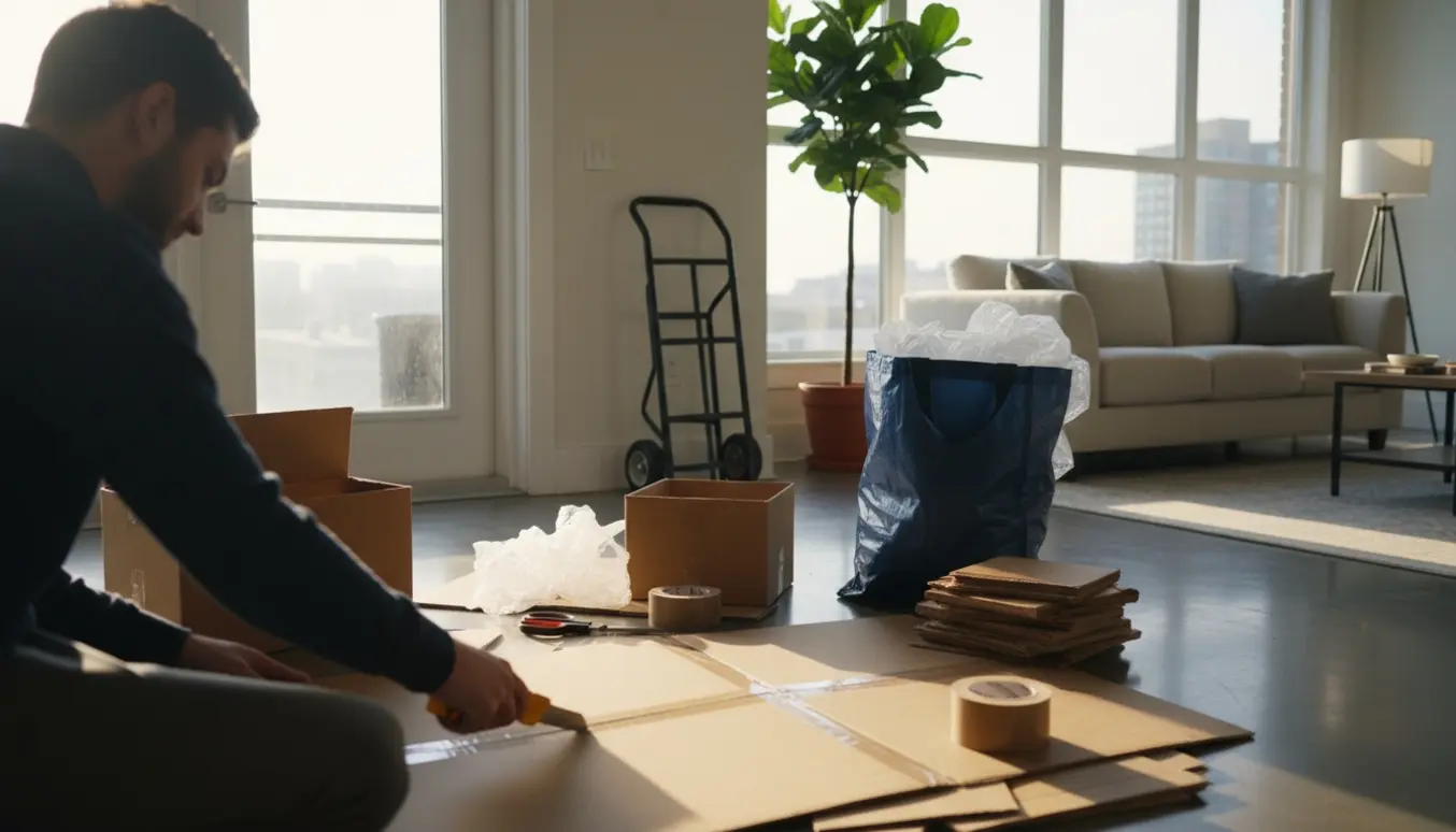 Stor bunke pap og emballage i en lys lejlighed under sortering før afhentning.