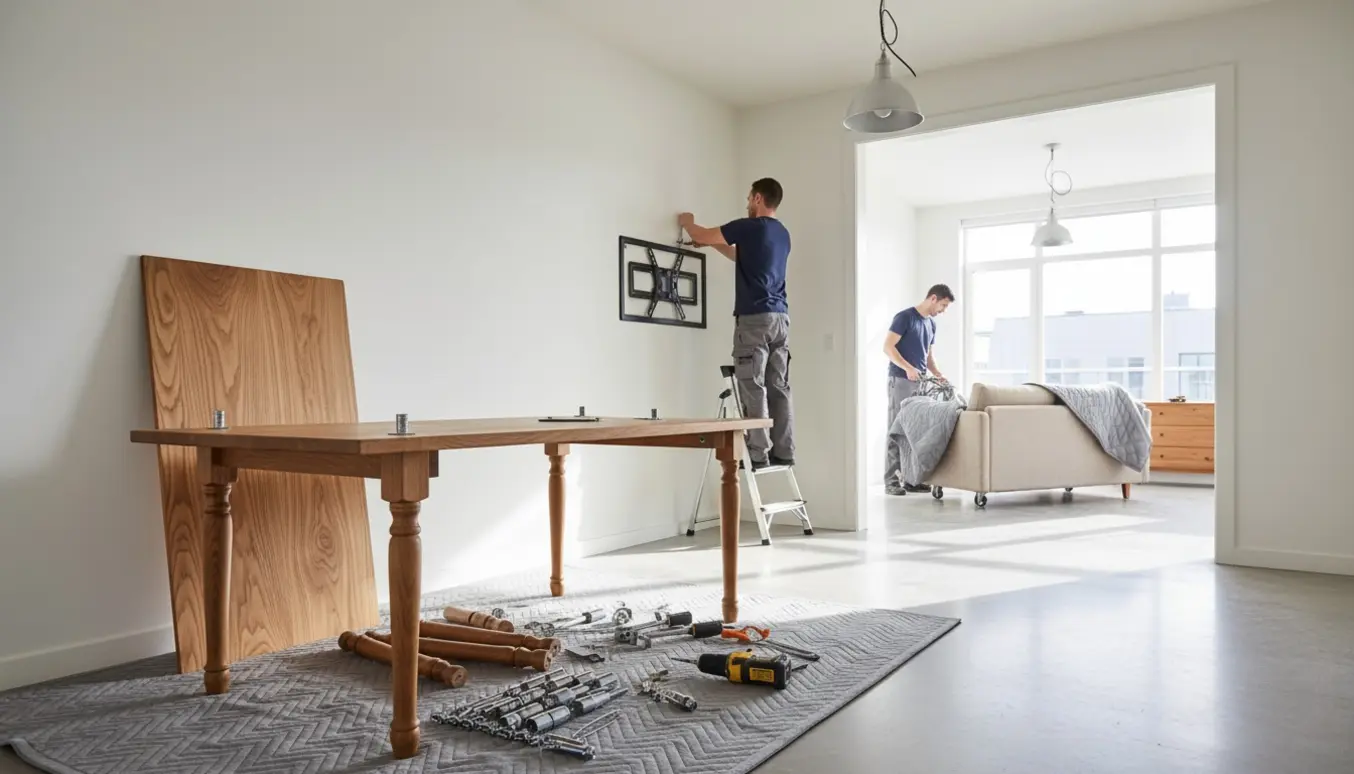 To mænd ommøblerer: et egetræsbord skilles ad, TV afmonteres og møbler flyttes mellem rum.
