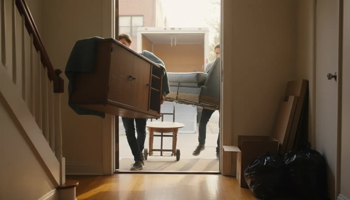 Personer bærer et tv-bord, et sofabord og en halv sovesofa ud af en lejlighed mod en åben flyttevogn.