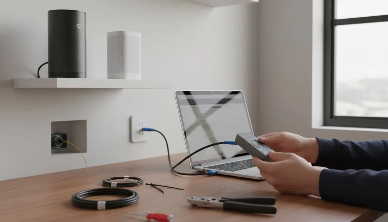 Hænder tester Ethernet-forbindelsen i et hjemme-kontor med router, mesh-extender og fiberterminal i baggrunden.