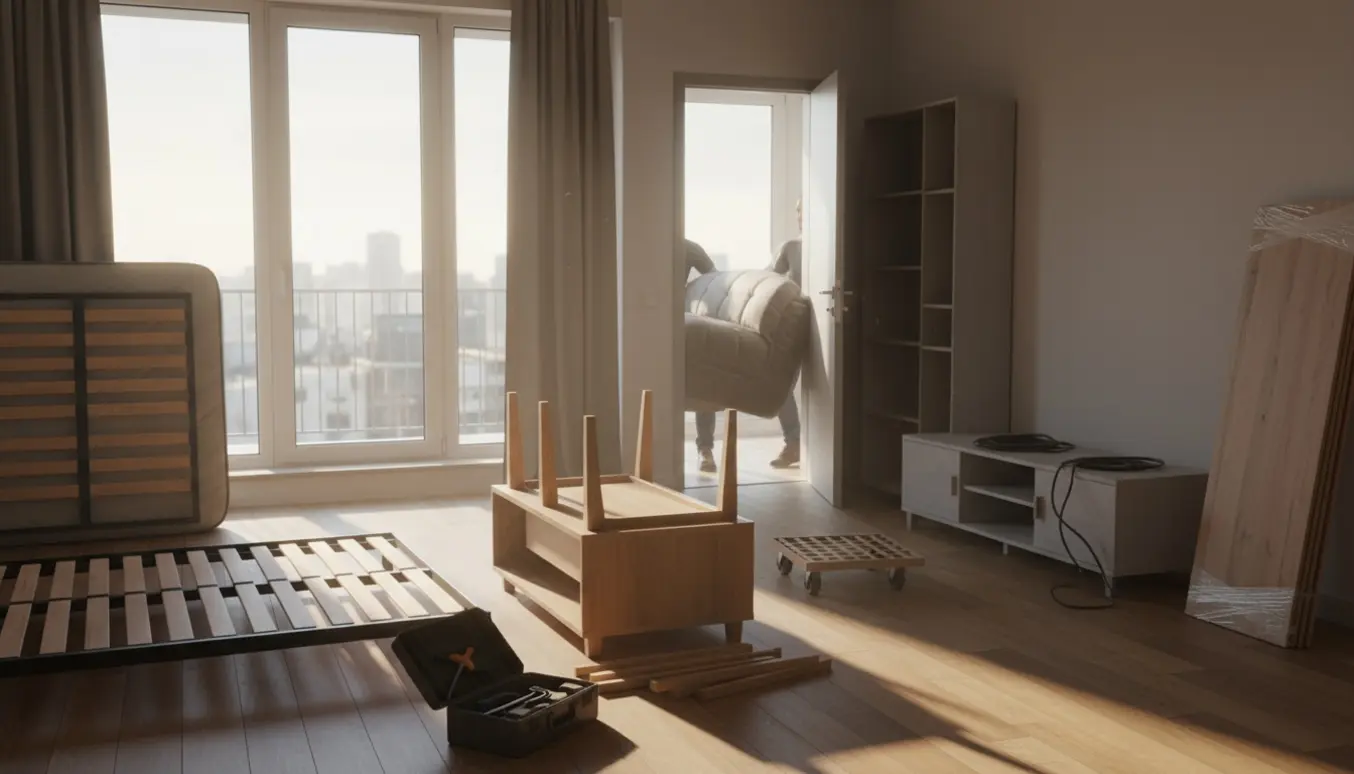 Sofa bæres ud af en solbeskinnet lejlighed med en delvist adskilt seng, sofabord og nye gulvplanker i hjørnet.