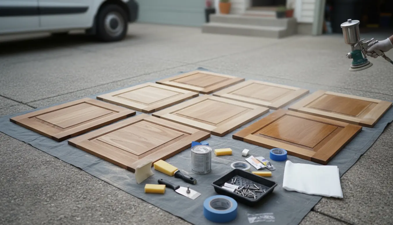 Skabsdøre og skuffefronter på en arbejdsbænk under slibning og lakering.