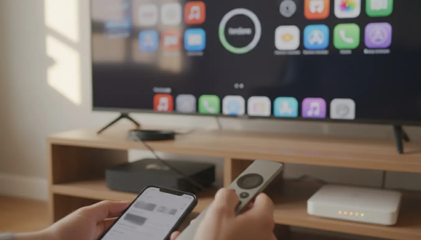 Hænder fejlfinder et Apple TV ved siden af set-top-boks, fjernbetjening og et TV med appikoner.