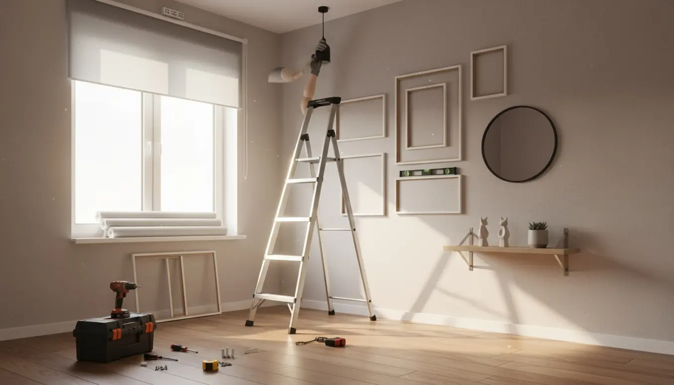Soloplyst stue under ophængning med stige, værktøj, rullegardiner, lamper, spejl og billeder.