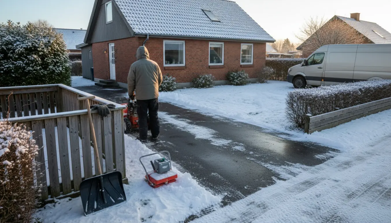 Professionel snerydning foran et rødt murstenshus i Hammerum med indkørsel ryddet for sne.