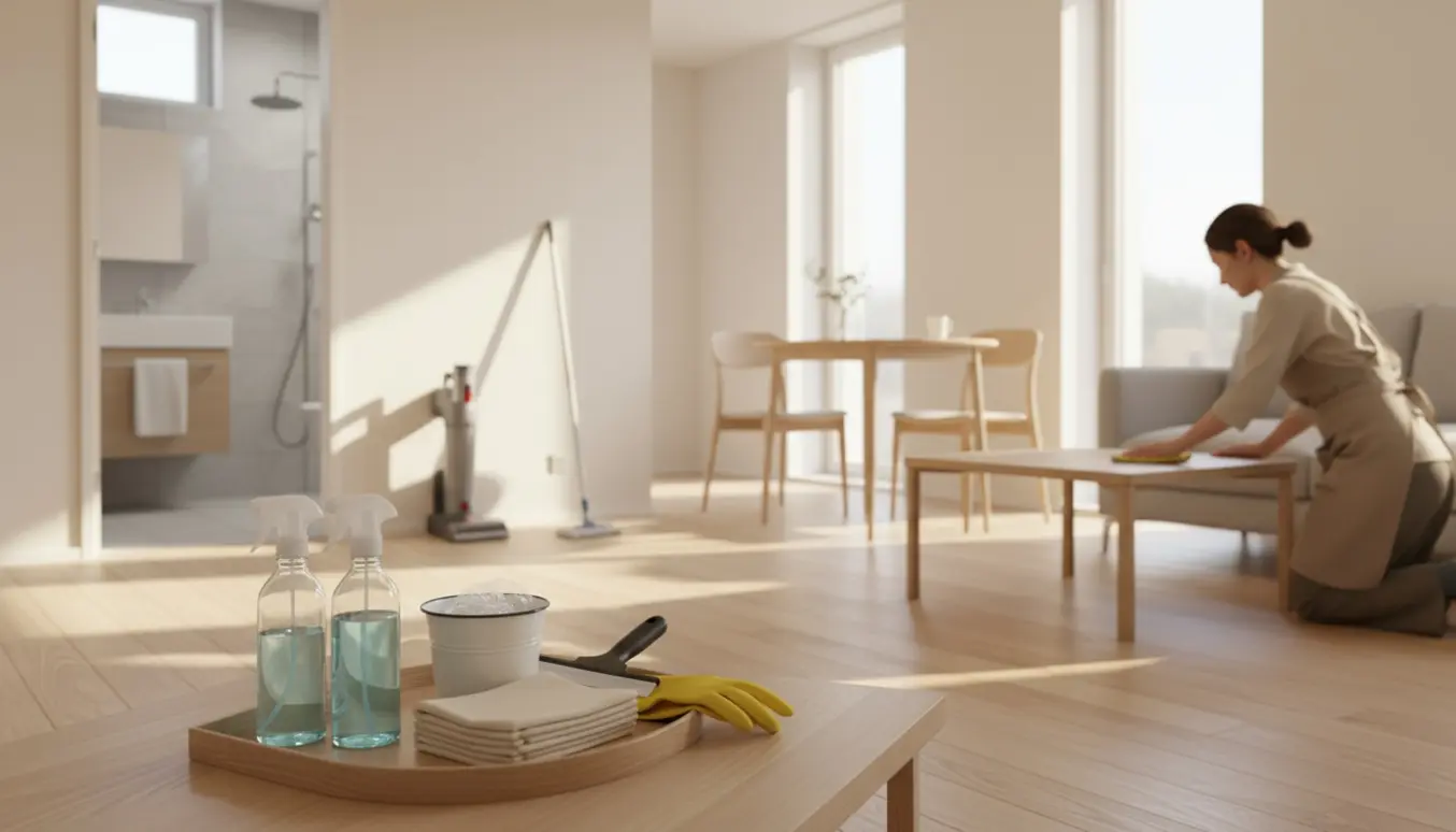 Minimalistisk lejlighed med rengøringsmidler i forgrunden og en person, der tørrer et bord, mens et rent badeværelse ses gennem en åben dør.