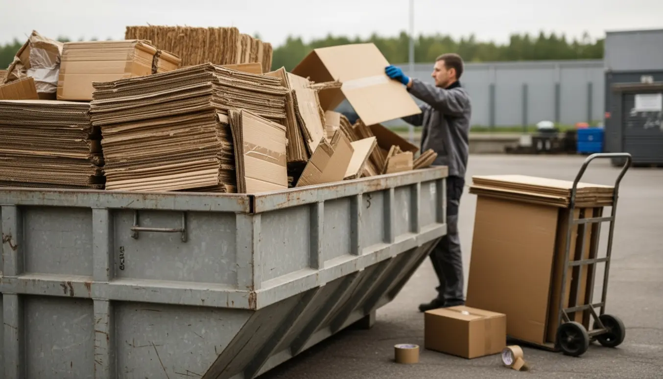 Sammenpresset og løst pap fylder en stor vip-container på en gårdsplads.