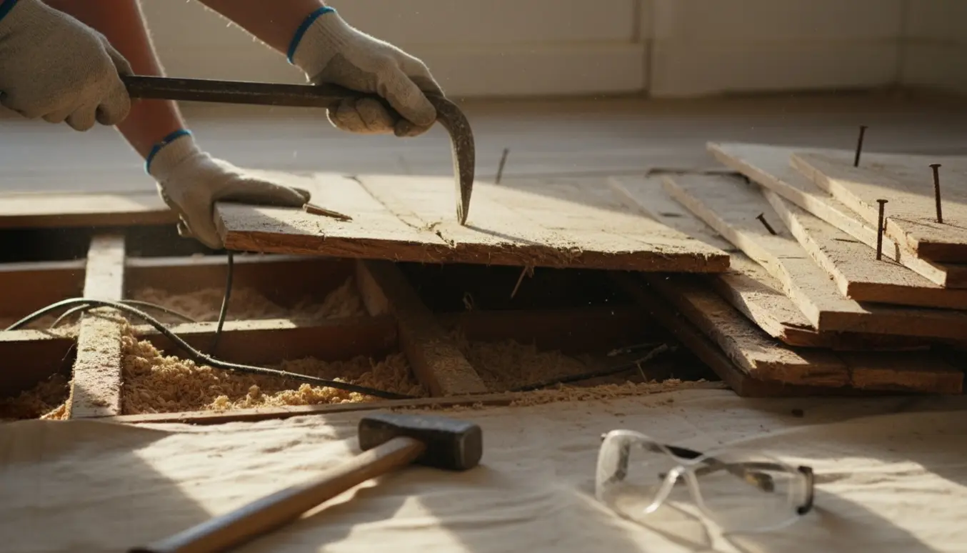 Hænder i arbejdshandsker bruger en koben til at løfte et gammelt gulvbræt med fjernede brædder og værktøj ved siden af.