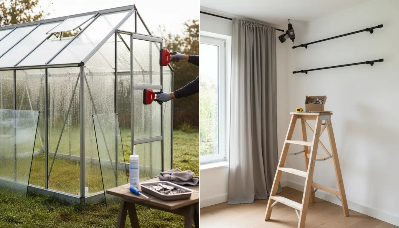 Udskiftning af drivhusrude og montering af gardinstang vist ved hænder og værktøj uden synlige ansigter.