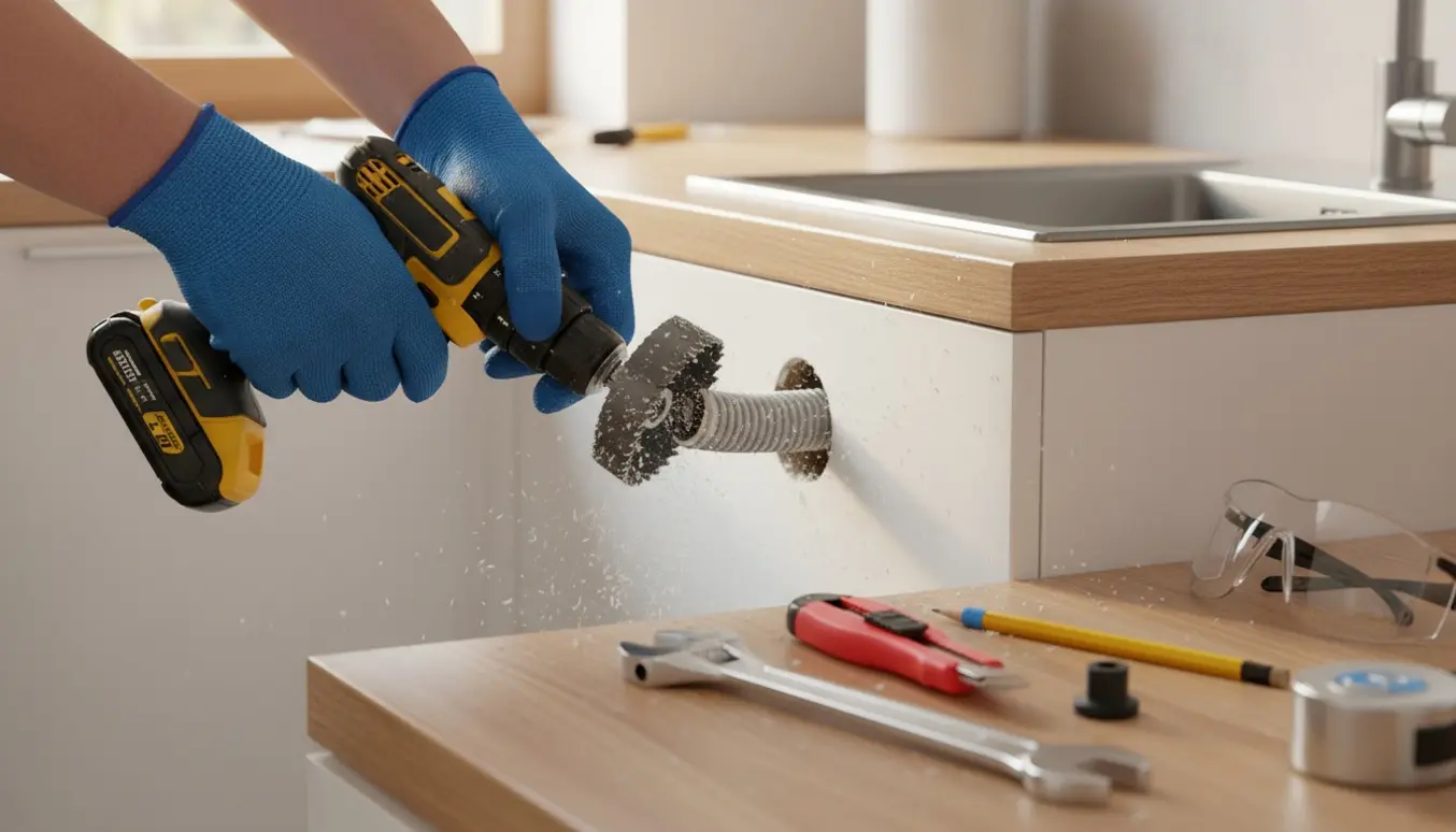 Nærbillede af handsker og en boremaskine, der udvider et hul i et køkkenskab for at føre en opvaskemaskineslange igennem.