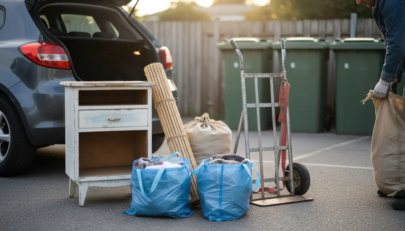 Bagagerum og tralle læsset med et gammelt natbord, en persienne, en sæk og to store blå tasker ved en genbrugsstation.