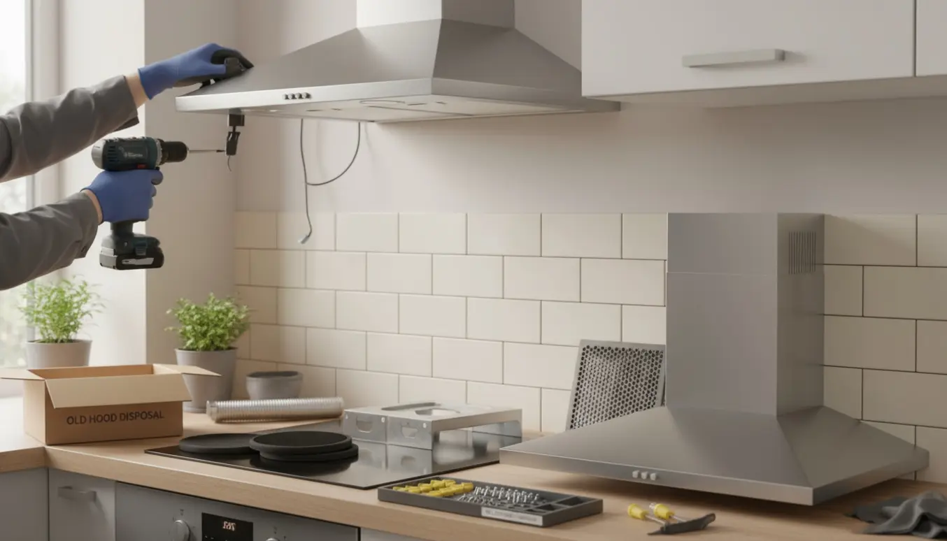 Tekniker fjerner en gammel emhætte og gør klar til at installere en ny emhætte med recirkulationsdele i et moderne køkken.