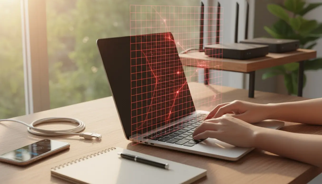 Bærbar på hjemmekontor med en rød digital barriere mellem computeren og routeren, der illustrerer en firewall/proxy, der blokerer forbindelsen.