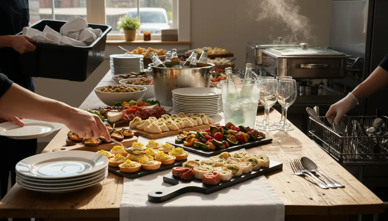 Buffetbord med fade og drikkevarer, hænder der dækker af og sætter service til opvask.