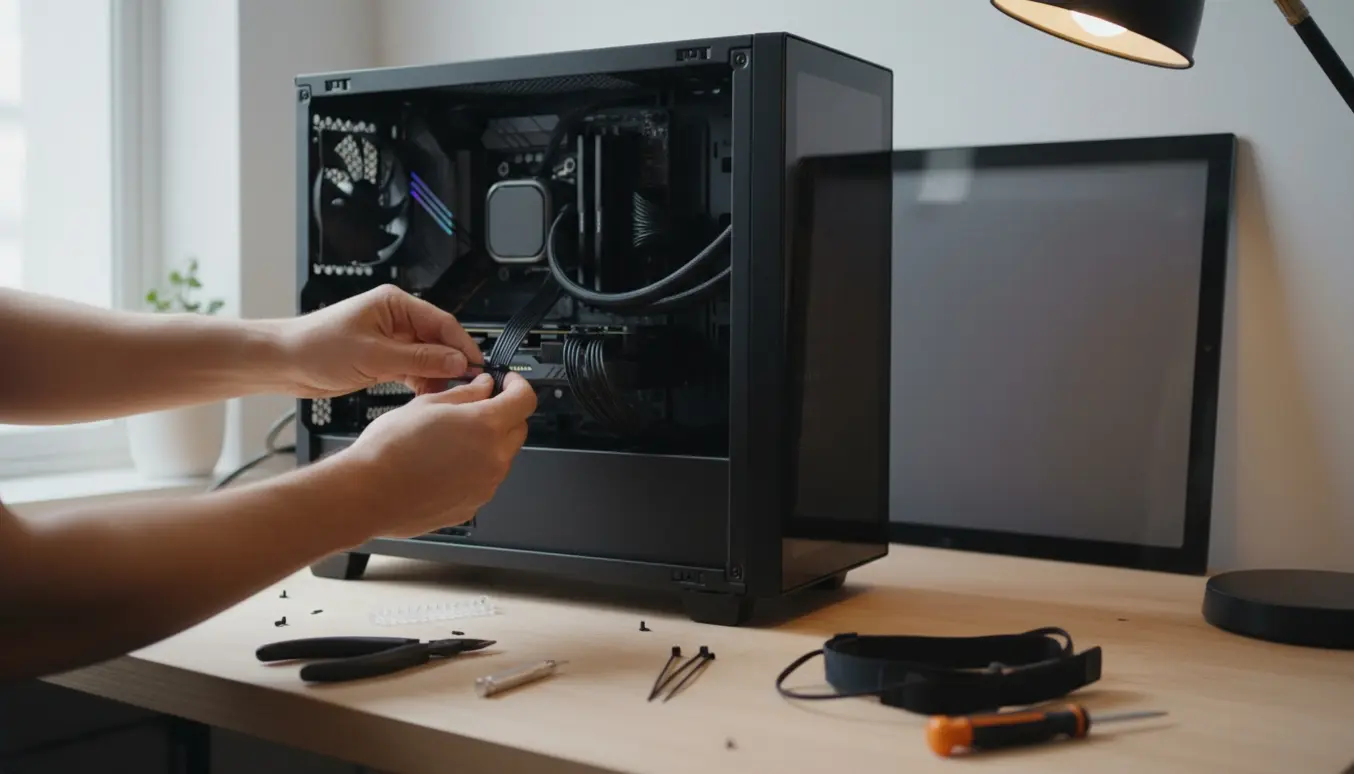 Hænder strammer strips om kabler i et åbent gaming-PC-kabinet klar til at blive lukket.