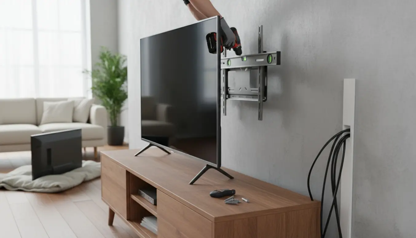 Nyt fladskærms-tv monteres på væggen i en stue med værktøj og monteringsbeslag synlige.