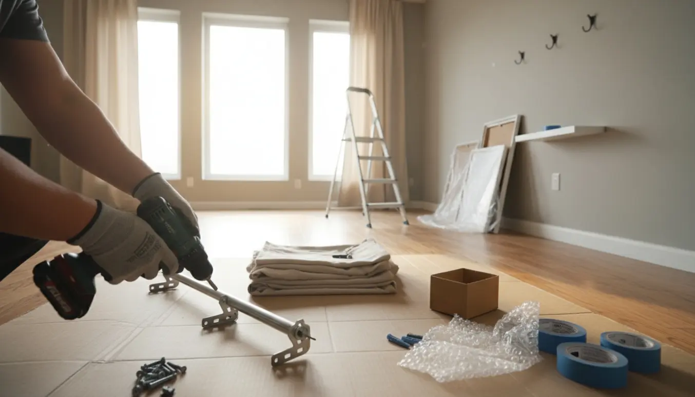Rum klargøres til ombygning med afmonterede gardiner, stabler af billeder og en person, der skruefinder hyldebeslag af væggen.
