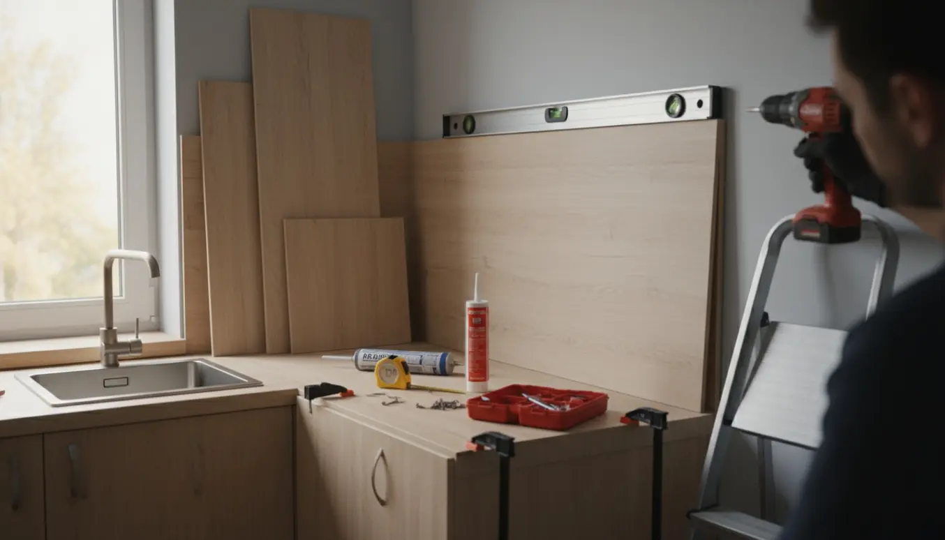 Installation af fem vægplader i et lille køkken med handskerede hænder, boremaskine og vaterpas.