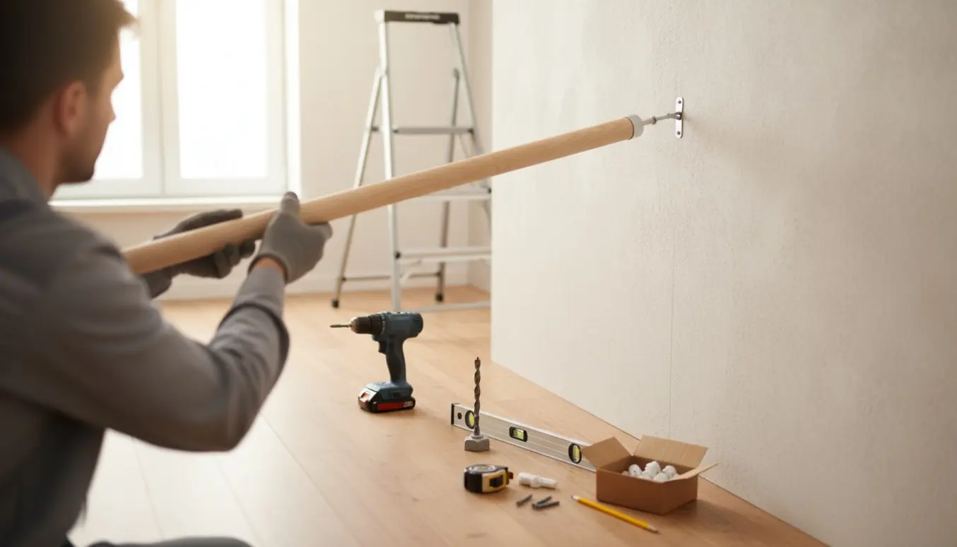 En person monterer en lang gardinstang højt på væggen med trappestige, boremaskine og rawlplugs.
