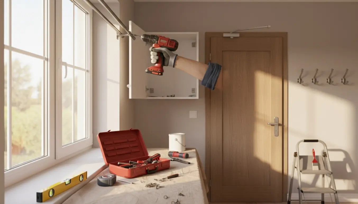 Hænder monterer gardinstang og småreparationer i et lyst hjem med værktøj på gulvet.