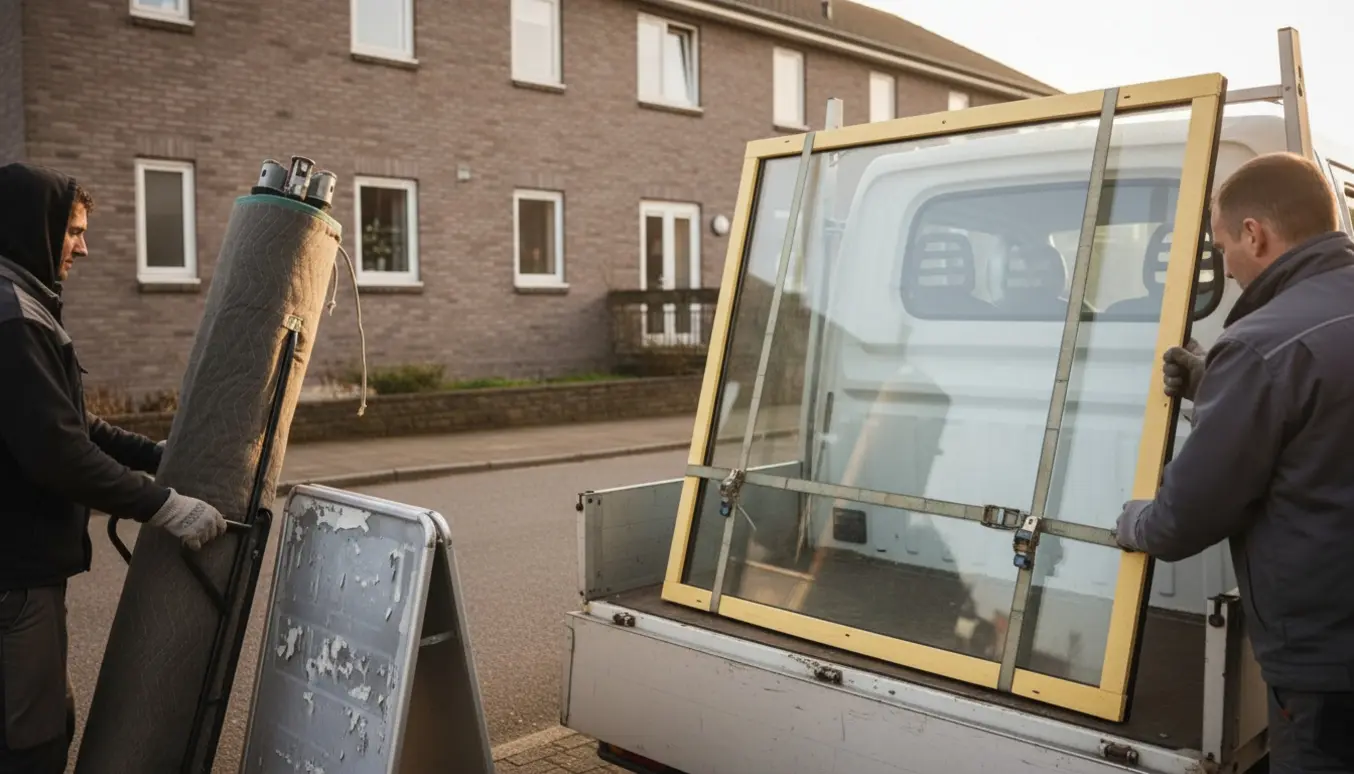 Varevogn ved fortovet mens to personer læsser en tre meter lang markise og et stort glasskilt op, ansigter ikke synlige.