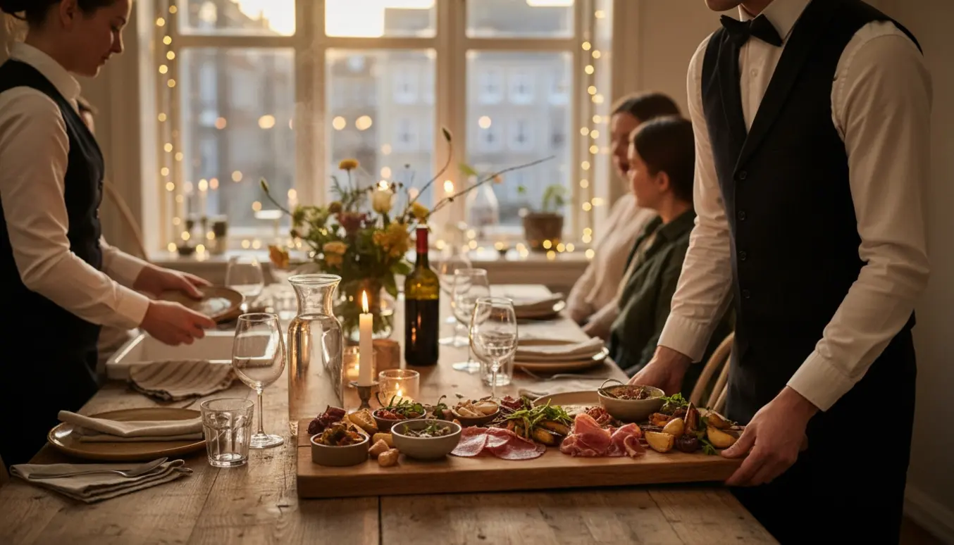 En tjener i klassisk tjenertøj sætter en sharing-platte på et hyggeligt dækket bord til en privat fødselsdag i København.