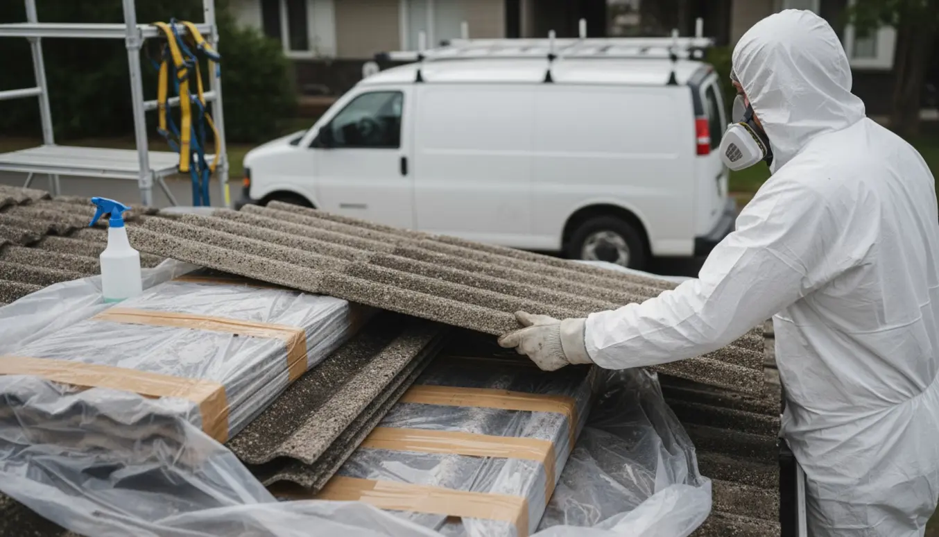 Arbejder i beskyttelsesdragt fjerner og indpakker gamle corrugated tagplader til bortskaffelse.