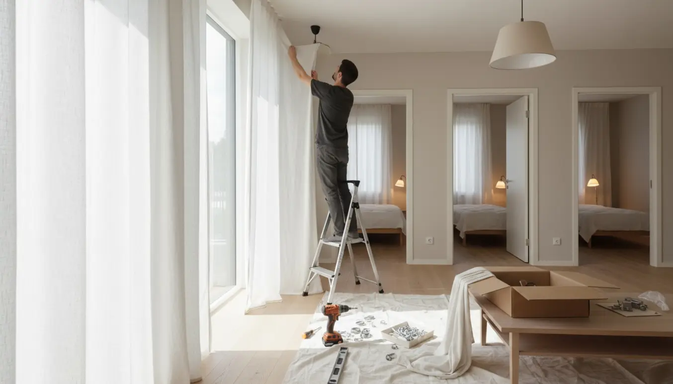 Hænder monterer en lampe og hænger stofgardiner i et lyst hjem med værktøj og stige synligt.