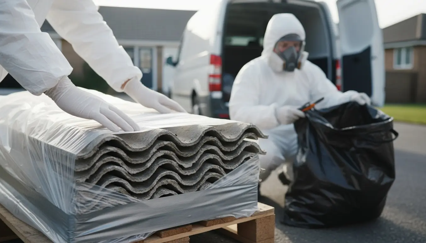 Person i hvid beskyttelsesdragt pakker forsigtigt knækkede asbestplader ind på en palle ved en varevogn.