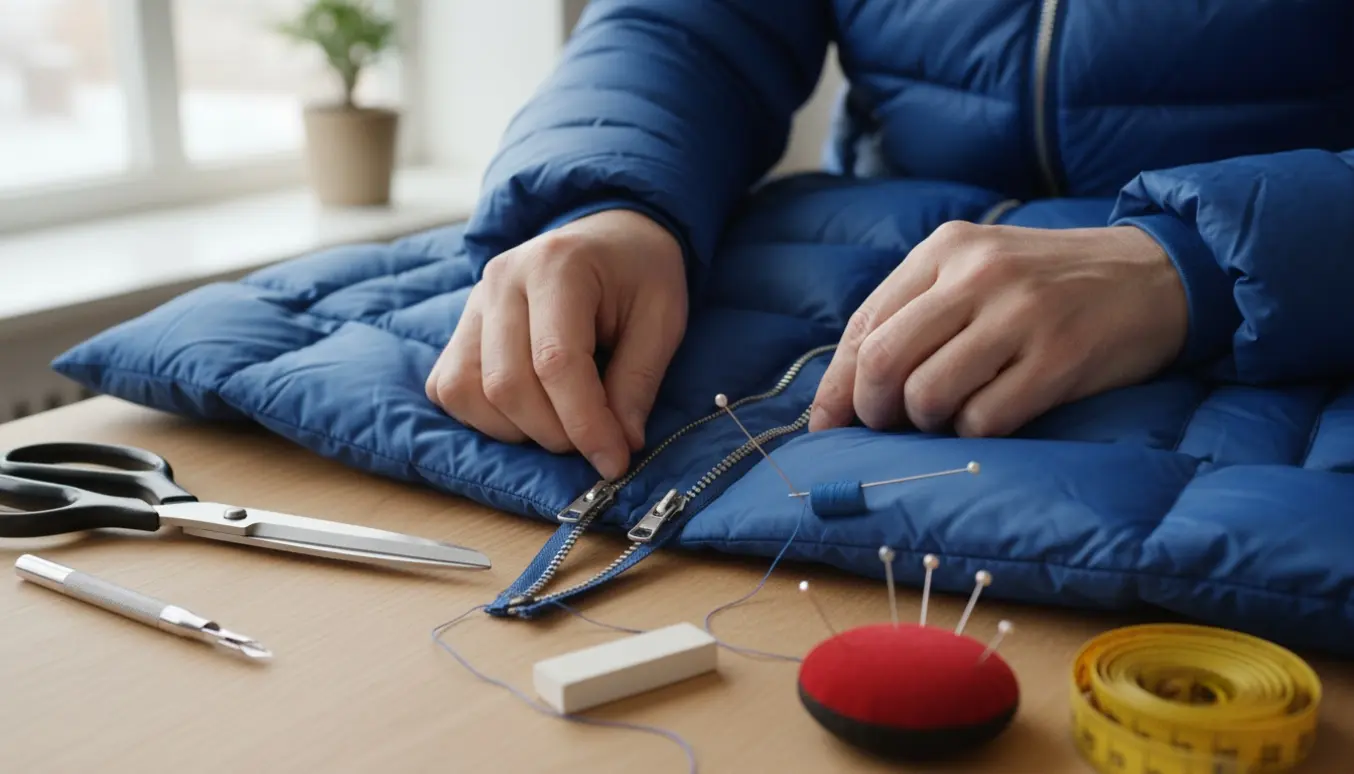 Hænder udskifter en tovejslynlås på en vinterfrakke med synligt dunfor og syværktøj omkring.