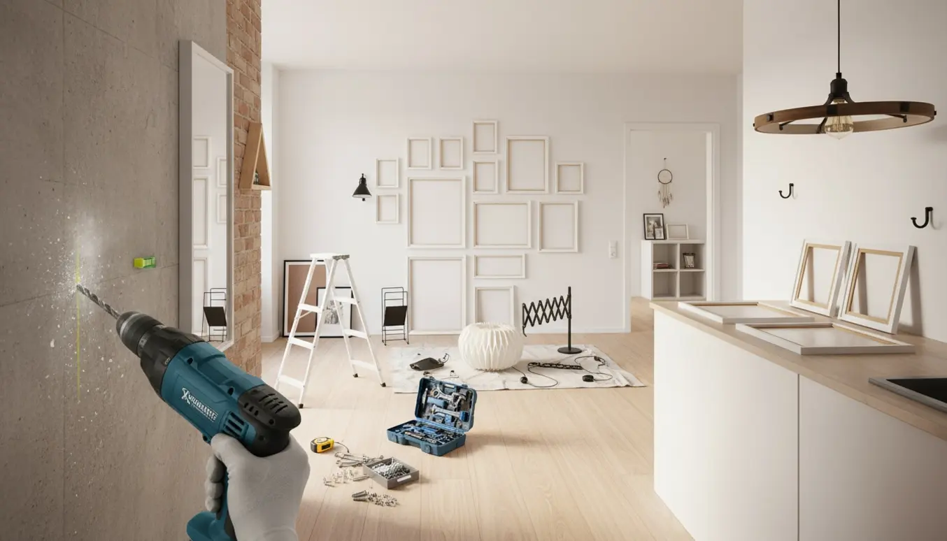 Installering af billeder og lamper i en lys lejlighed med boremaskine og værktøj.