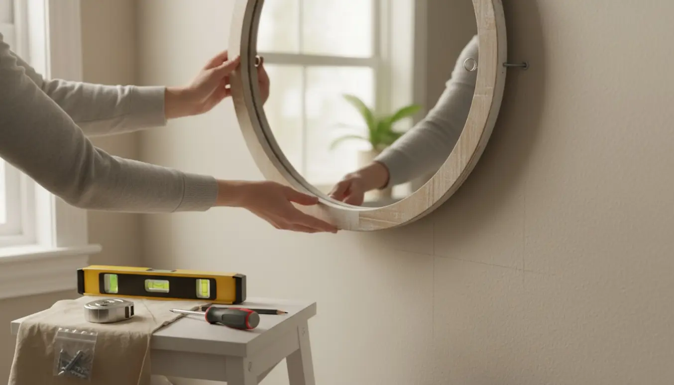 Hænder placerer et spejl på en væg over to små skruer i dagslys.