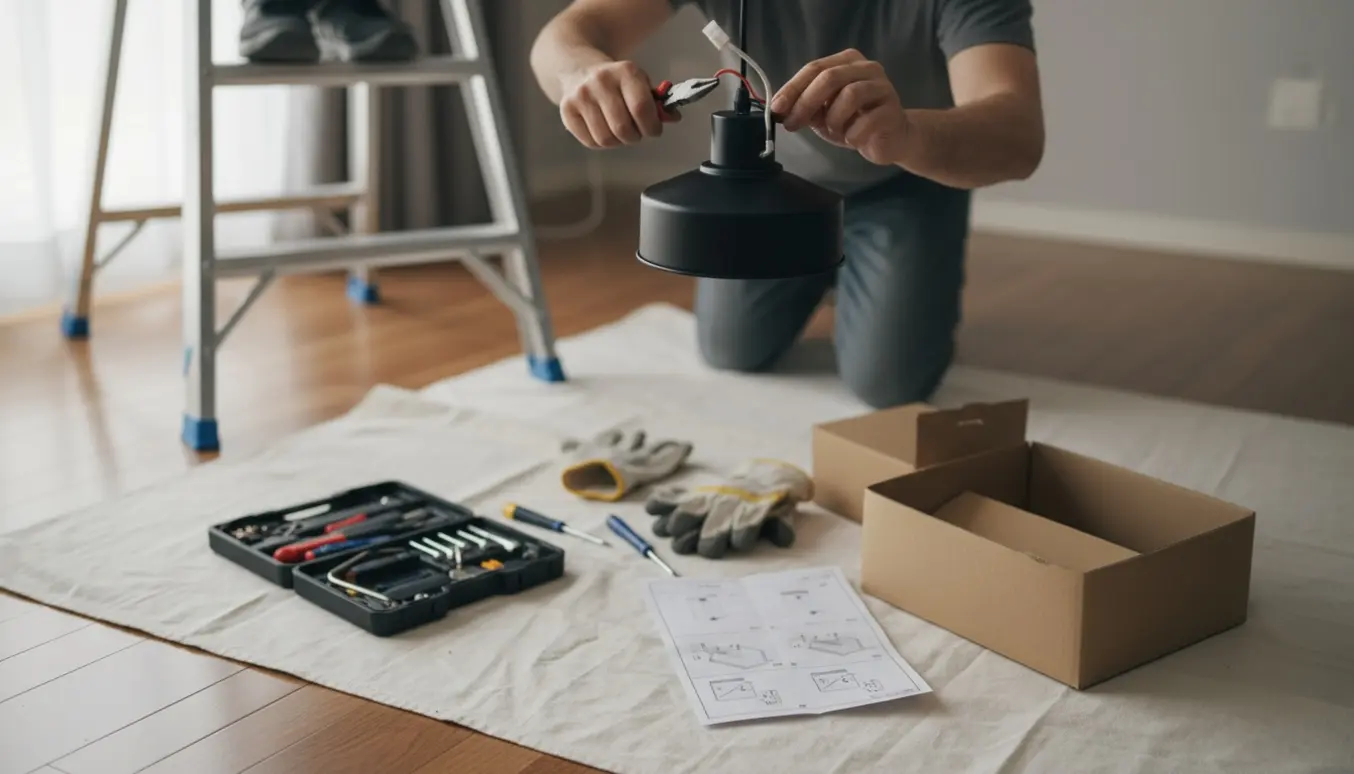 En person på en stige monterer en loftslampe i en lavloftet stue med værktøj og beskyttelsesunderlag på gulvet.