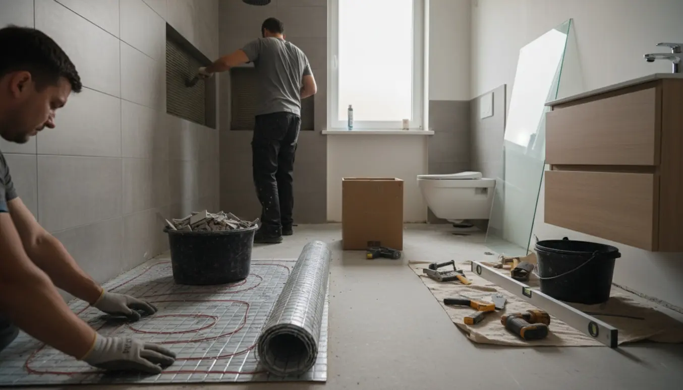 Lille badeværelse under renovering med installeret gulvvarmemåtte, nye fliser i bruseniche og glasvæg klar til montering.