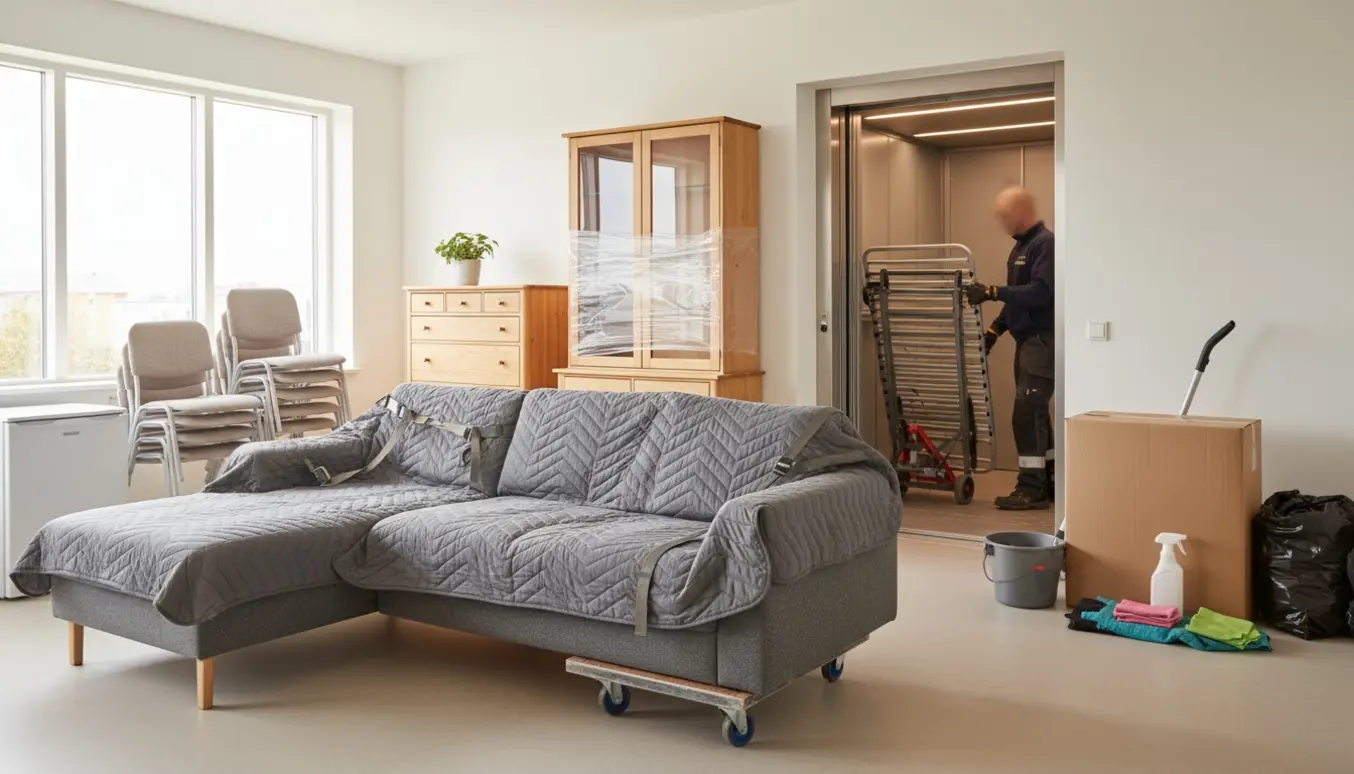 Flyttefolk skubber indpakkede møbler mod en åben elevator i en lys lejlighed, rengøringsudstyr står klar.