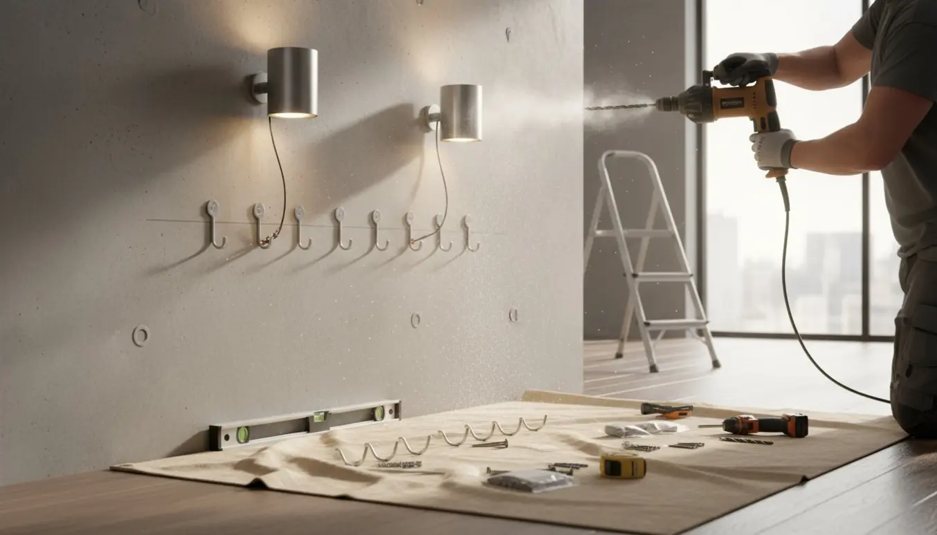 Hænder monterer lamper og knager i en betonvæg med borehammer og værktøj i et indgangsparti.