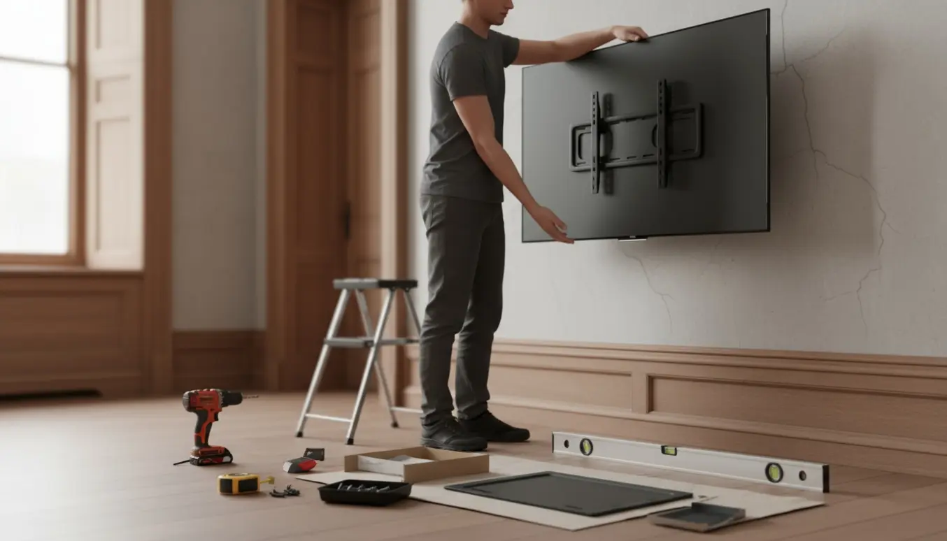 Tekniker monterer et 50-tommer TV på en gammel pudset væg med værktøj lagt frem.