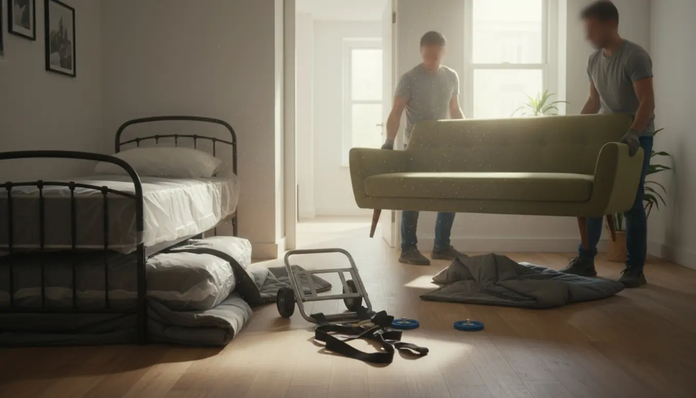 Flyttefolk fjerner en sofa og en enkeltseng fra en solbelyst lejlighed, med beskyttelse og flytteudstyr.