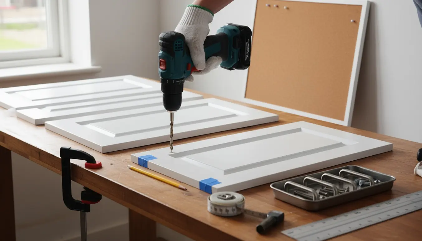 Hænder borer præcise føringshuller med et træbor i skabsdøre for at montere greb, med værktøj og en blank opslagstavle i baggrunden.