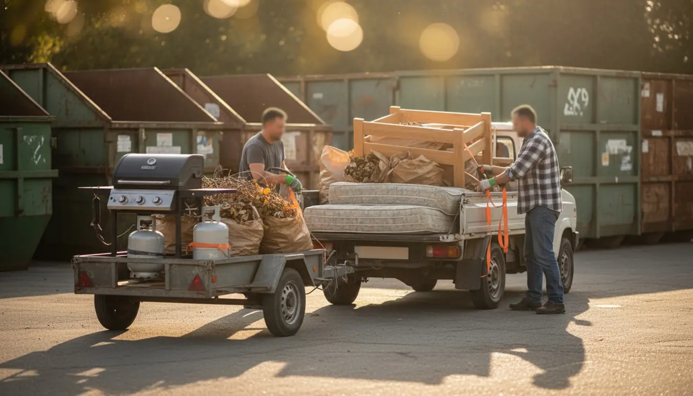 Lastning af seng, gasgrill og haveaffald på en trailer ved en genbrugsplads.