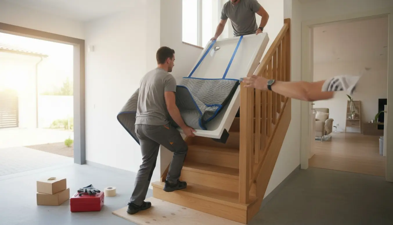 To personer bærer en tung brusekabinebund op ad en trappe fra carporten, indpakket i flyttetæppe og sikret med stropper.