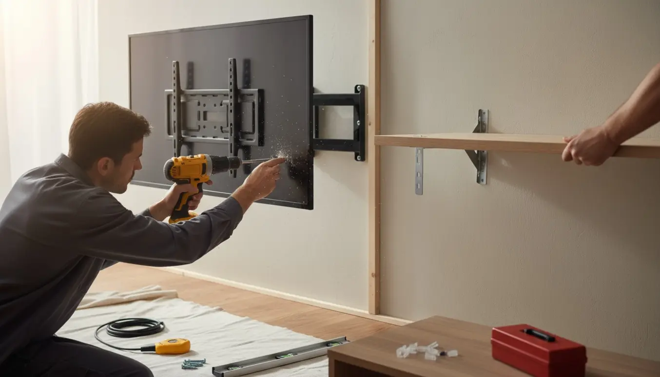 Montage af 55-tommer fladskærm på væg, mens en væghængt reol er ved at blive nedtaget.