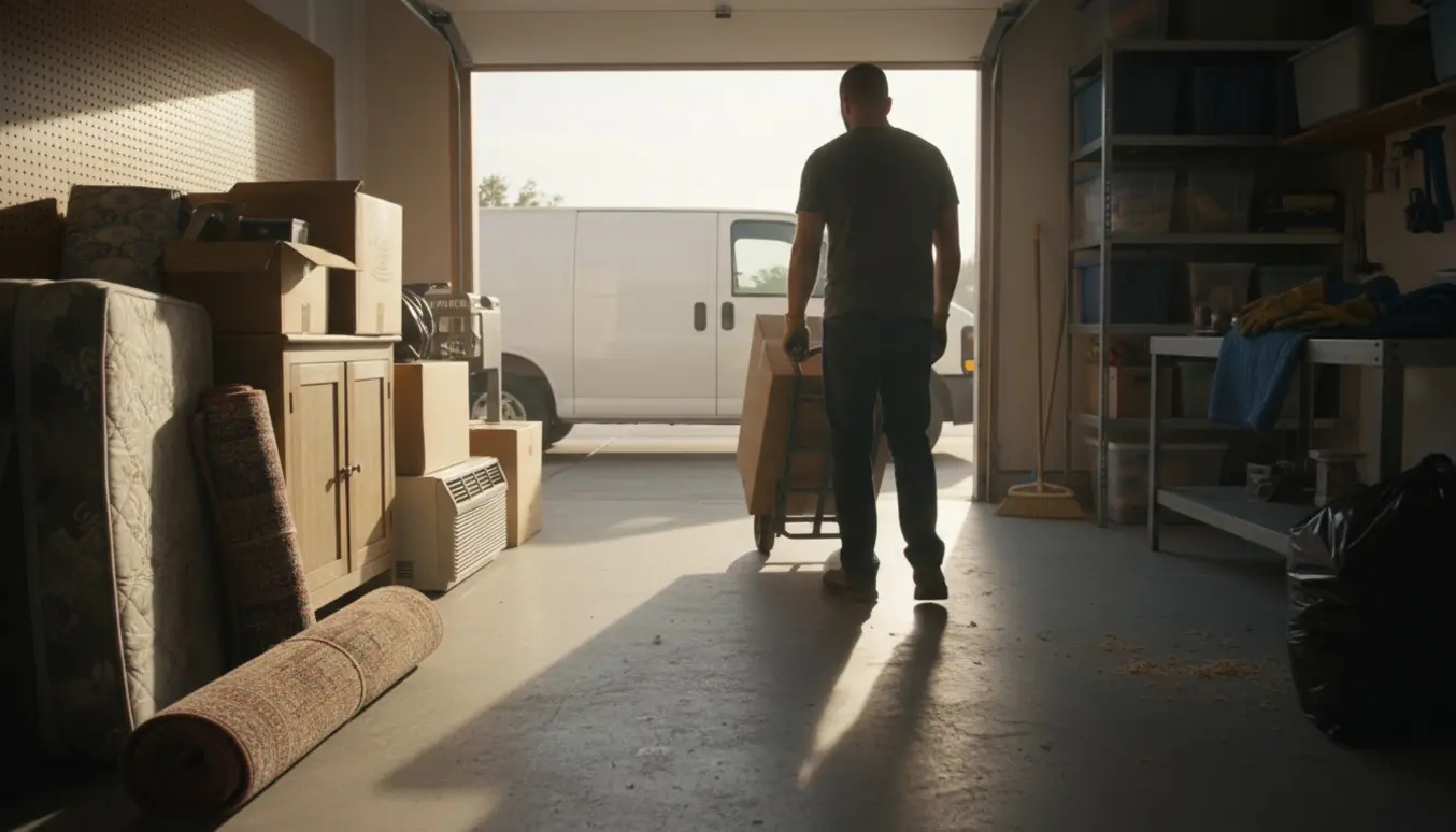 En garage med storskrald stablet klar til afhentning, en flyttemand ses bagfra.