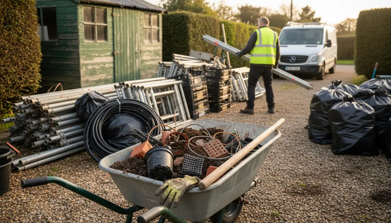 Stor oprydning i have med bunker af jord, stilladser, metalskrot og en trillebør fyldt med affald.