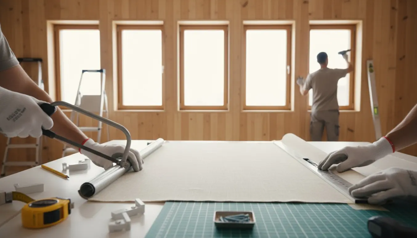 Hænder tilpasser og monterer rullegardiner ved fem vinduer med værktøj og mål.