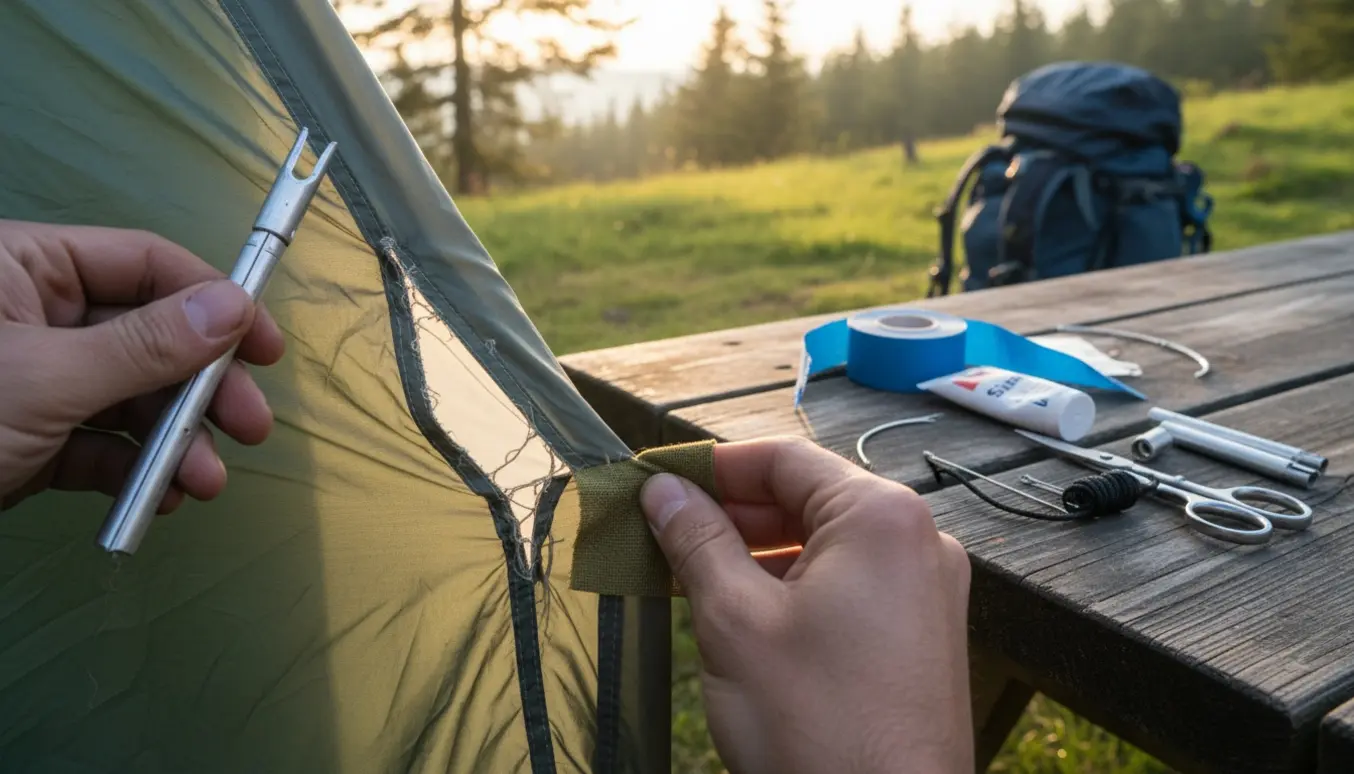 Nærbillede af hænder, der holder en reservedelstang og reparerer en revne i et telt med reparationsmaterialer.