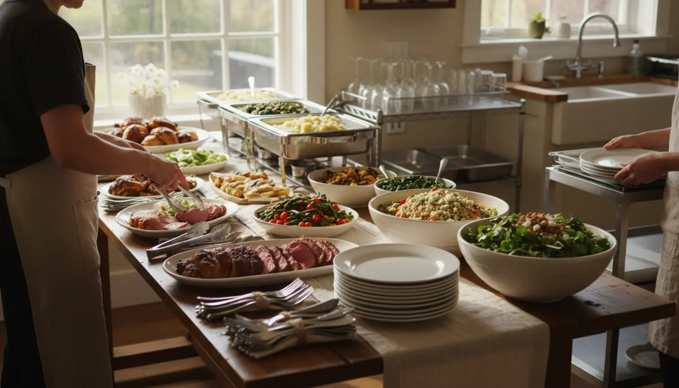 Buffet i en hjemlig spisestue til en rund fødselsdag med hænder, der anretter, opfylder og vasker op.